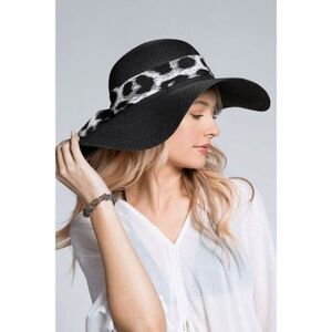 Styline Black Straw Floppy Hat Leopard Print‎ Band Bow One Size Women's